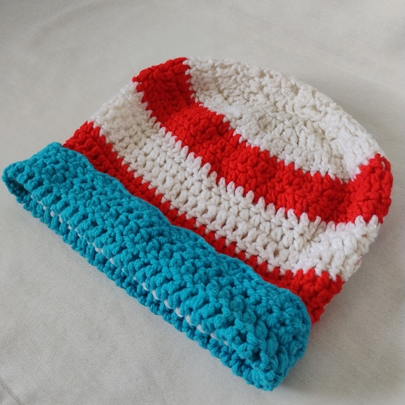 Striped Crochet Lighthouse Beanie Vibrant Red White & Blue Handmade Winter Hat - Picture 7 of 8